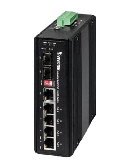 Vivotek Industrial 4xGE PoE + 2xGE UTP + 2xGE SFP Switch Per PoE port up to 30W Power budget 120W 48~56VDC input -40C to 75C Vivotek AW-IHT-0800