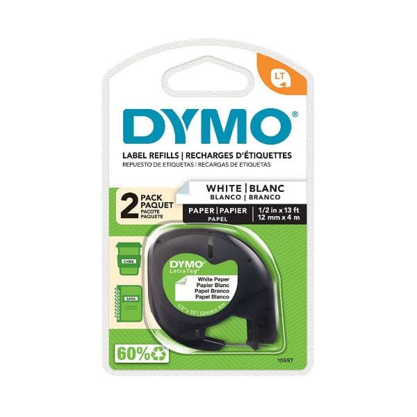 Dymo Dymo LT 92630 12mm x 4m Paper Whi 2pk Tapes for LetraTag labeller 10697