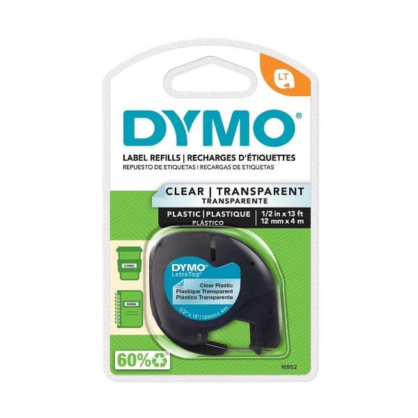 Dymo DYMO Genuine LetraTag Labeller Plastic Tape 12mm x 4M. Black on 16952