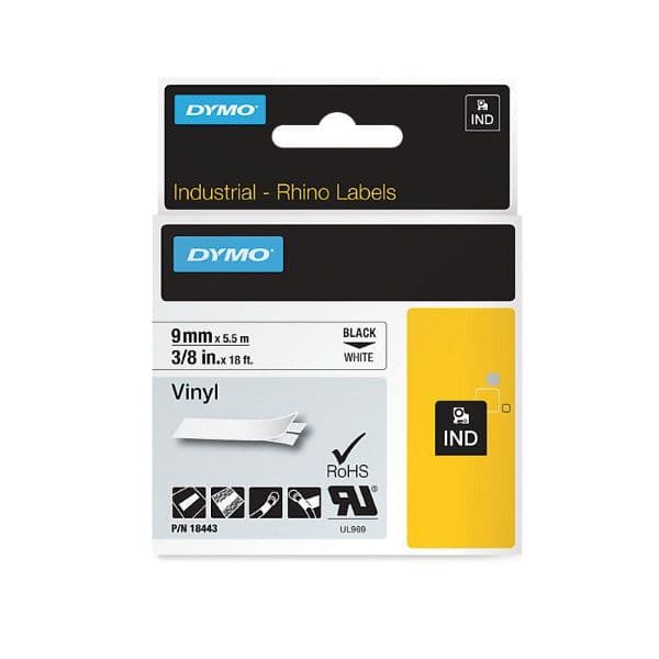 Dymo DYMO Genuine Rhino Industrial Vinyl Labels 9mm x 5.5m. Black on White. 18443