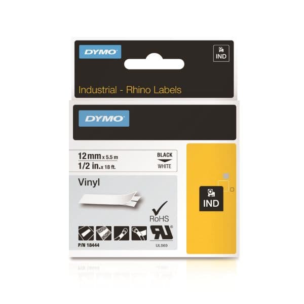 Dymo DYMO Genuine Rhino Industrial Vinyl Labels.12mm x 5.5m. Black on White. 18444