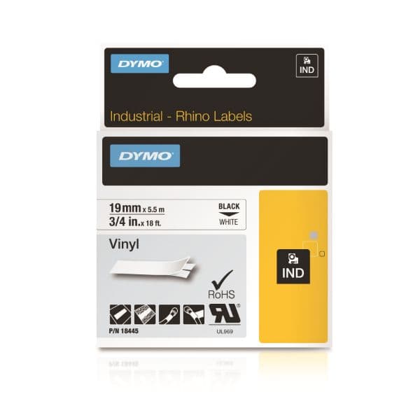 Dymo DYMO Genuine Rhino Industrial Vinyl Labels.19mm x 5.5m. Black on White. 18445