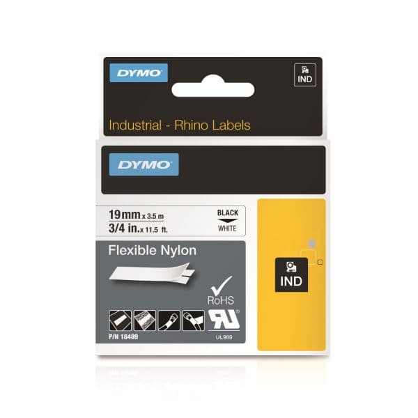 Dymo DYMO Genuine Rhino Industrial Labels-Flexible Nylon 19mm Black on 18489