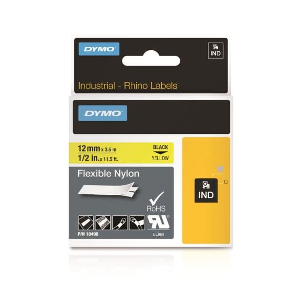 Dymo DYMO Genuine Rhino Industrial Labels-Flexible Nylon 12mm Black on 18490