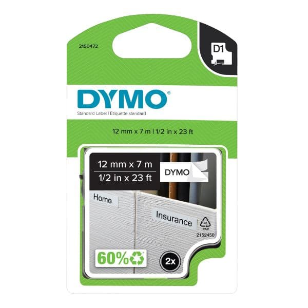 Dymo Dymo Tape D1 12MMX7M BLK/WHT 2PK 2150472