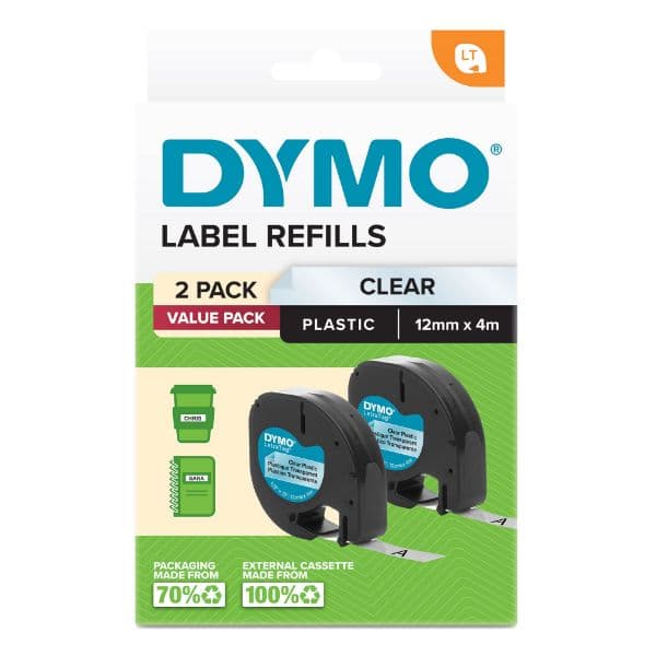 Dymo Dymo LetraTag Plastic Tape 12mm x 4M Clear 2-Pack 2191233