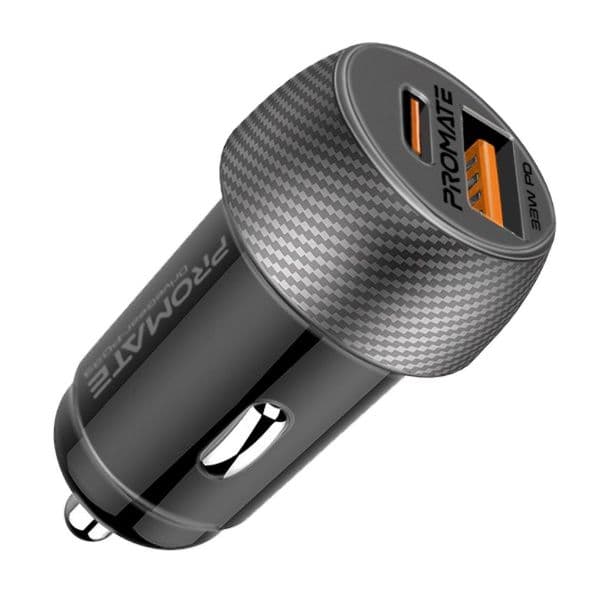 Promate PROMATE 33W Ultra-Fast Dual Port Compact In-Car Phone Charger. DRIVEGEAR-PD33