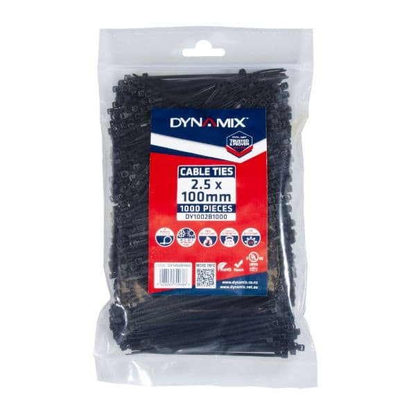 Dynamix 2.5 x 100mm UV Black Cable Ties Pack of 1000 80N/8.1kgs DY1002B1000