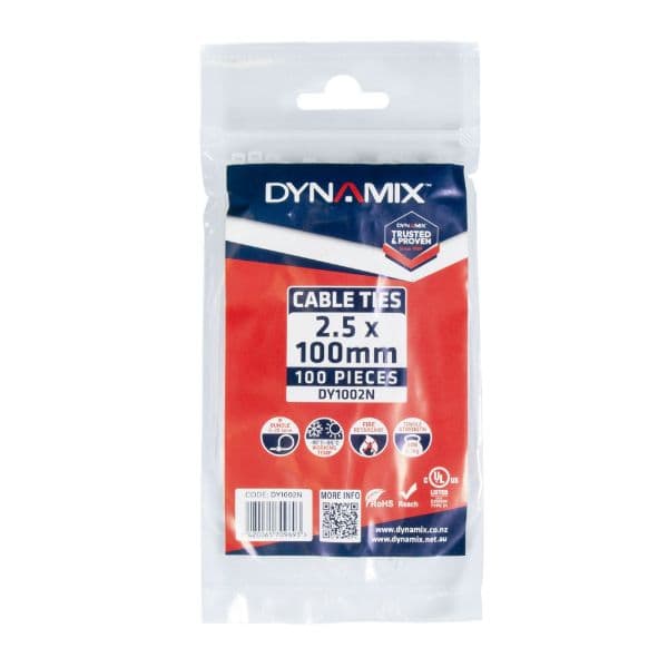 Dynamix 2.5 x 100mm Natural Cable Ties Pack of 100 80N/8.1kgs DY1002N