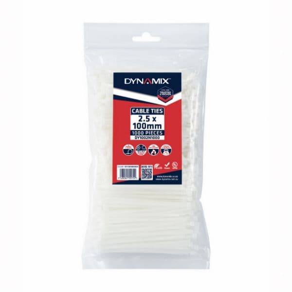 Dynamix 2.5 x 100mm Natural Cable Ties Pack of 1000 80N/8.1kgs DY1002N1000