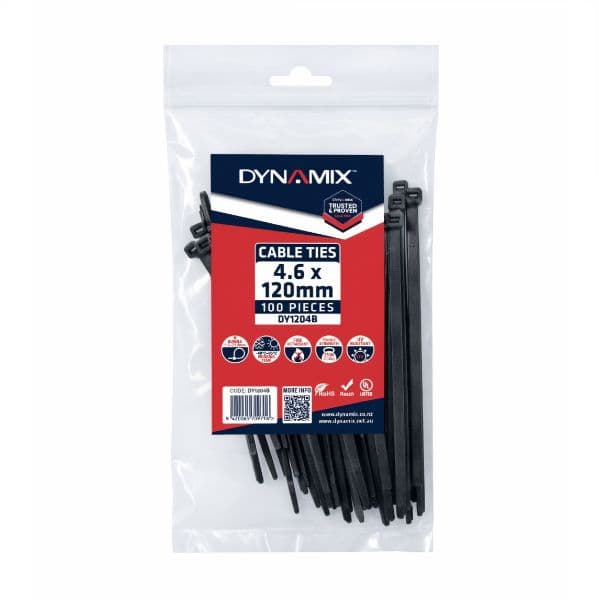Dynamix 4.6 x 120mm UV Black Cable Ties Pack of 100 230N/23.4kgs DY1204B