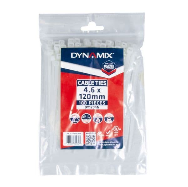 Dynamix 4.6 x 120mm Natural Cable Ties Pack of 100 230N/23.4kgs DY1204N