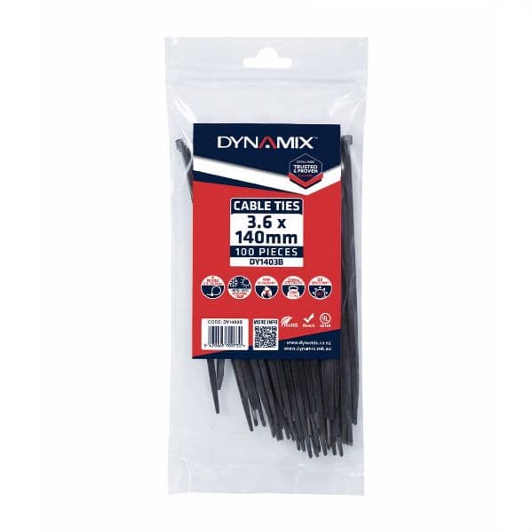 Dynamix 3.6 x 140mm UV Black Cable Ties Pack of 100 180N/18.3kgs DY1403B