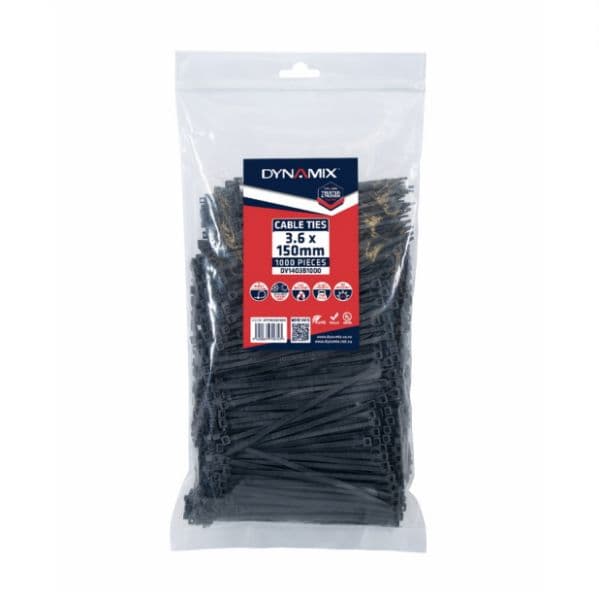 DYNAMIX 3.6 x 150mm UV Black Cable Ties Pack of 1000 180N/18.3kgs DY1403B1000