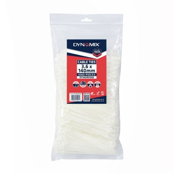 Dynamix 3.6 x 140mm Natural Cable Ties Pack of 1000 180N/18.3kgs DY1403N1000