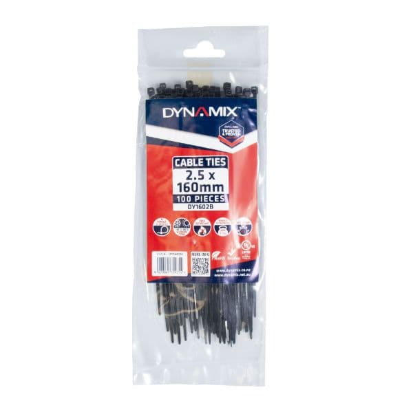 Dynamix 2.5 x 160mm UV Black Cable Ties Pack of 100 80N/8.1kgs DY1602B