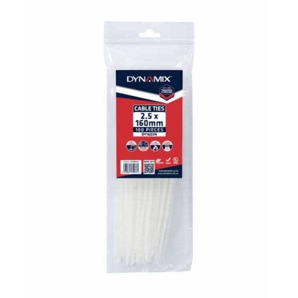 Dynamix 2.5 x 160mm Natural Cable Ties Pack of 100 80N/8.1kgs DY1602N