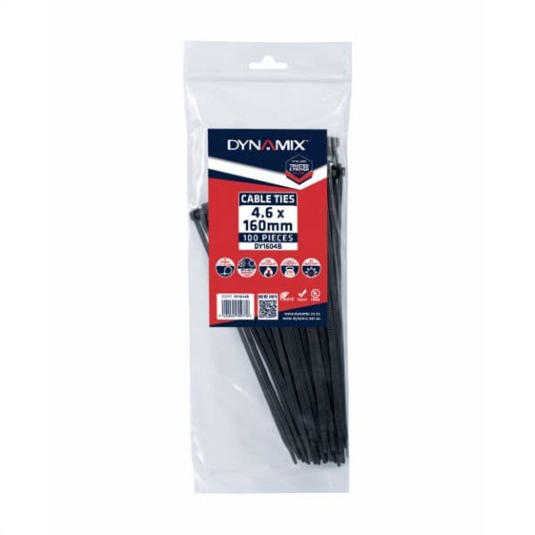 Dynamix 4.6 x 160mm UV Black Cable Ties Pack of 100 230N/23.4kgs DY1604B