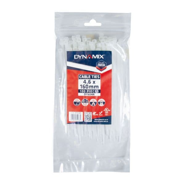 Dynamix 4.6 x 160mm Natural Cable Ties Pack of 100 230N/23.4kgs DY1604N