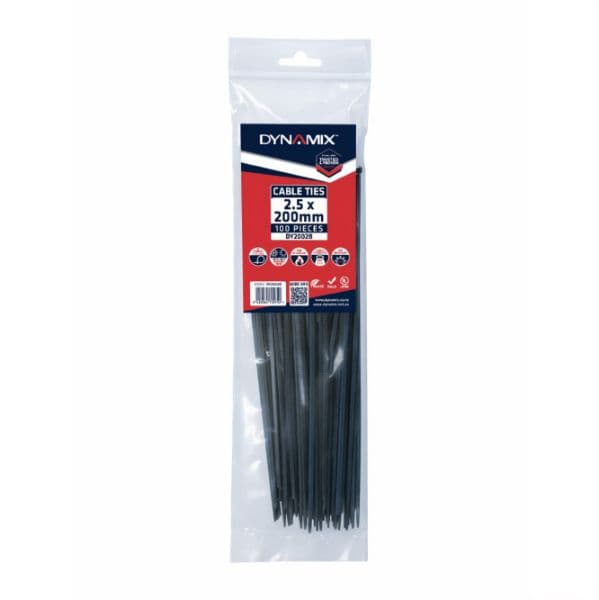 Dynamix 2.5 x 200mm UV Black Cable Ties Pack of 100 80N/8.1kgs DY2002B