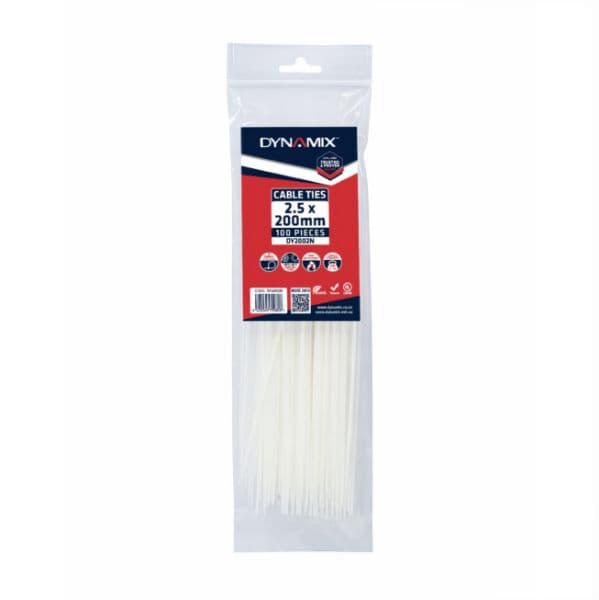 Dynamix 2.5 x 200mm Natural Cable Ties Pack of 100 80N/8.1kgs DY2002N