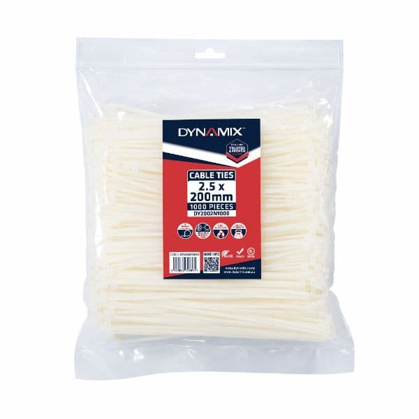 Dynamix 2.5 x 200mm Natural Cable Ties Pack of 1000 80N/8.1kgs DY2002N1000