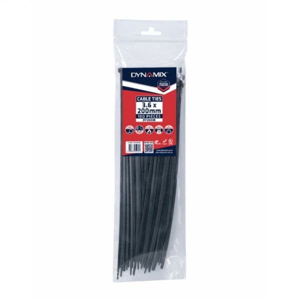 Dynamix 3.6 x 200mm UV Black Cable Ties Pack of 100 180N/18.3kgs DY2003B