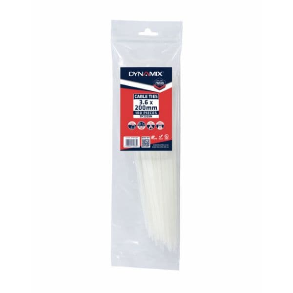 Dynamix 3.6 x 200mm Natural Cable Ties Pack of 100 180N/18.3kgs DY2003N