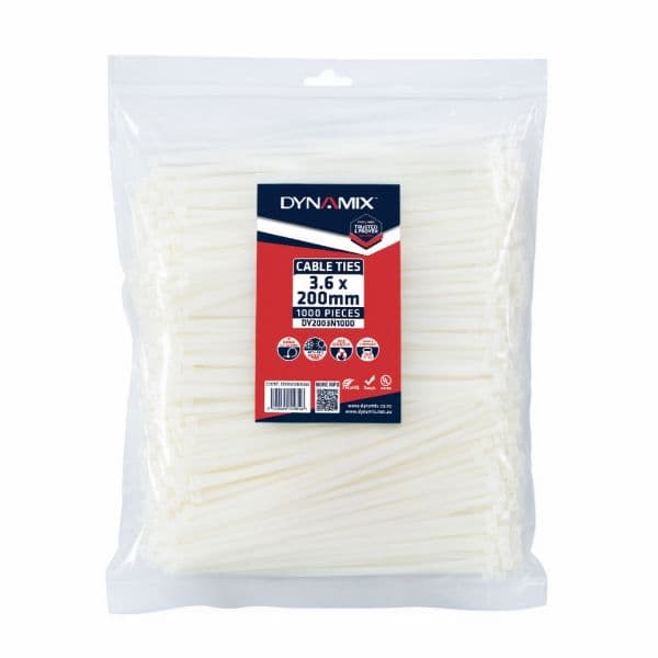 Dynamix 3.6 x 200mm Natural Cable Ties Pack of 1000 180N/18.3kgs DY2003N1000