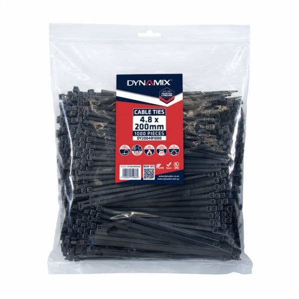 Dynamix 4.8 x 200mm UV Black Cable Ties Pack of 1000 230N/23.4kgs DY2004B1000