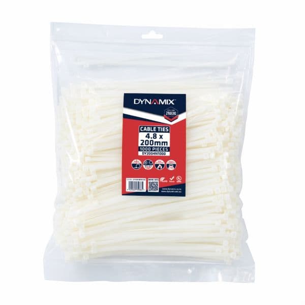 Dynamix 4.8 x 200mm Natural Cable Ties Pack of 1000 230N/23.4kgs DY2004N1000