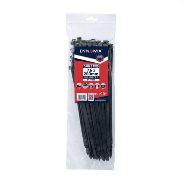 DYNAMIX 7.6 x 200mm UV Black Cable Ties Pack of 100 540N/55.1kgs DY2008B