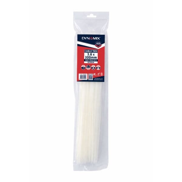 DYNAMIX 3.6 x 300mm Natural Cable Ties Pack of 100 180N/18.3kgs DY3003N
