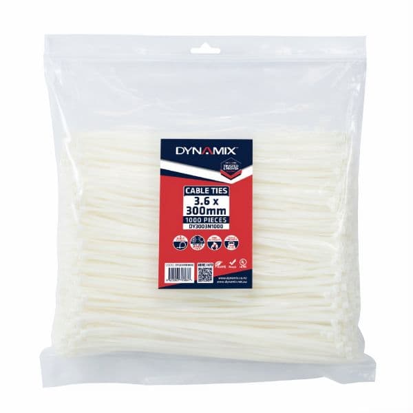 DYNAMIX 3.6 x 300mm Natural Cable Ties Pack of 1000 180N/18.3kgs DY3003N1000