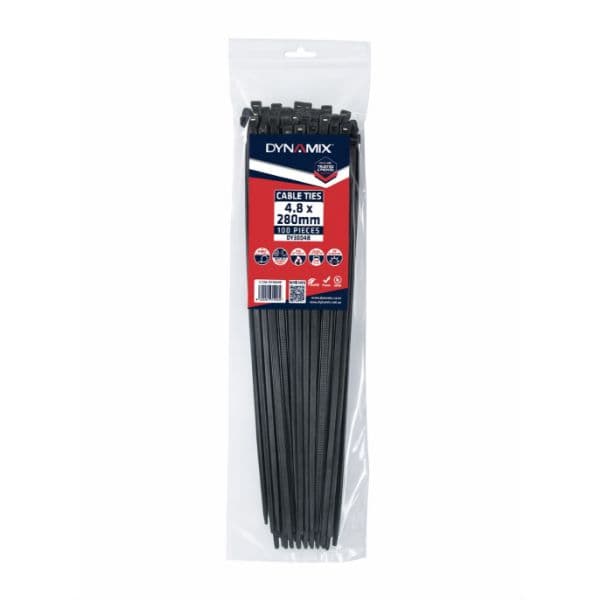 Dynamix 4.8 x 280mm UV Black Cable Ties Pack of 100 230N/23.4kgs DY3004B