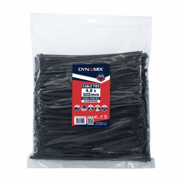 DYNAMIX 4.8 x 300mm UV Black Cable Ties Pack of 1000 230N/23.4kgs DY3004B1000