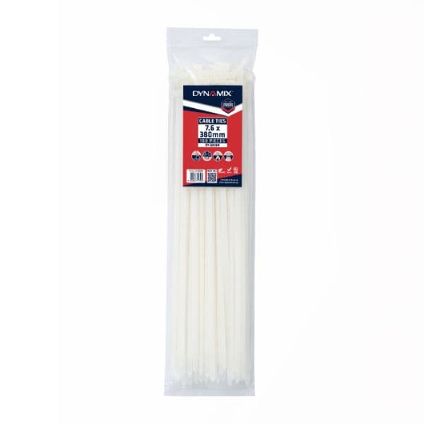 DYNAMIX 7.6 x 380mm Natural Cable Ties Pack of 100 540N/55.1kgs DY3808N