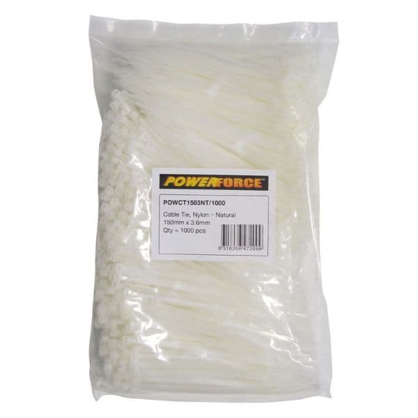 POWERFORCE 3.6 X 150mm Natural Cable Ties Pack Of 1000 18kgs Tensile Strength POWCT1503NT-1000