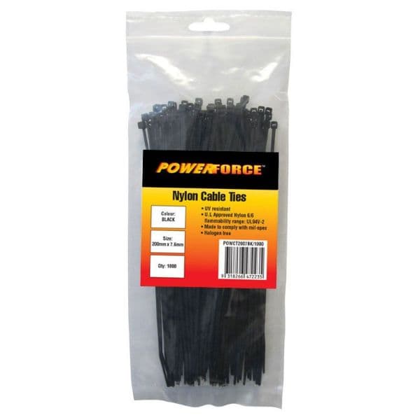 POWERFORCE 7.6 X 200mm Black UV Cable Ties Pack Of 100 55kgs Tensile Strength POWCT2007BK-100