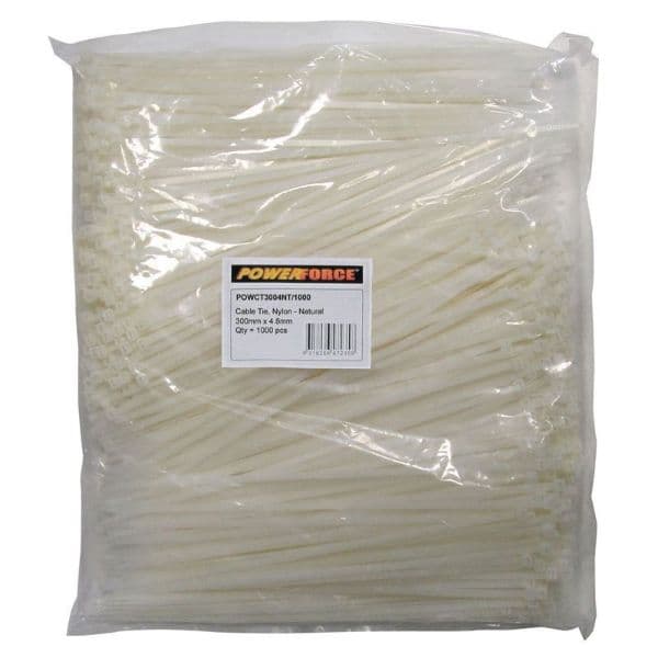 POWERFORCE 4.8 X 300mm Natural Cable Ties Pack Of 1000 22kgs Tensile Strength POWCT3004NT-1000