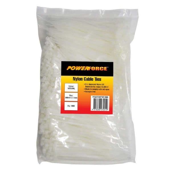 POWERFORCE 7.6 X 380mm Natural Cable Ties Pack Of 1000 55kgs Tensile Strength POWCT3807NT-1000