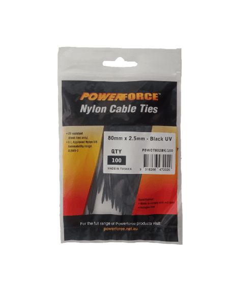 POWERFORCE 2.5 X 80mm Black UV Cable Ties Pack Of 100 8kgs Tensile Strength POWCT802BK-100