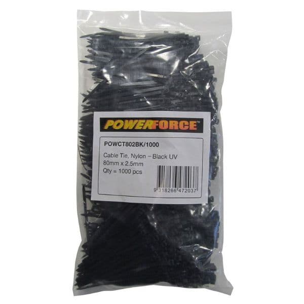 POWERFORCE 2.5 X 80mm Black UV Cable Ties Pack Of 1000 8kgs Tensile Strength POWCT802BK-1000