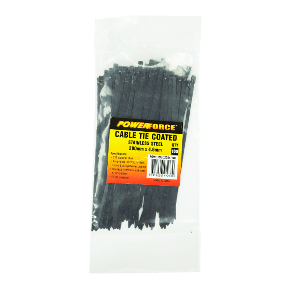 POWERFORCE 4.6 X 200mm 316L Stainless Steel Cable Ties Pack Of 100 667N/68kgs Tensile Strength POWCTSSC2004-100
