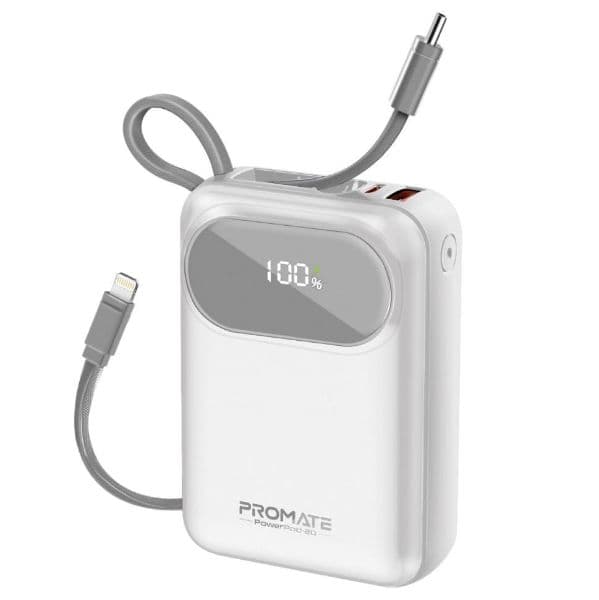 Promate 20000mAh Ultra Compact 35W SuperSpeed Power Bank Built-In USB-C & Lightning Cables. 35W POWERPOD-20-WHT