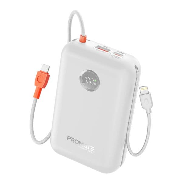 Promate 30000mAh Ultra Compact 35W SuperSpeed Power Bank Built-In USB-C & Lightning Cables. 35W POWERPOD-30-WHT