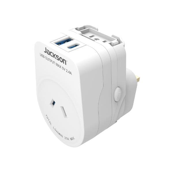 Jackson JACKSON Outbound Travel Adaptor with USB-A/C. Converts 2-Pin NZ/AUS PTAUSBAC