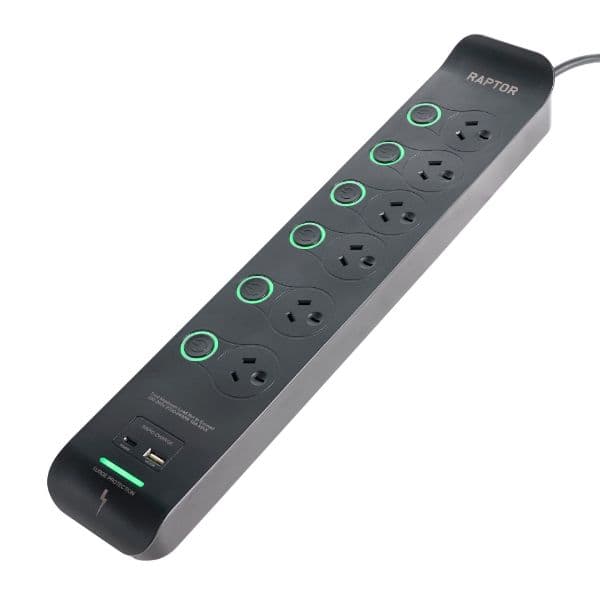 Jackson Raptor Individually Switched 6 Way Surge Protected Powerboard RAP6S45