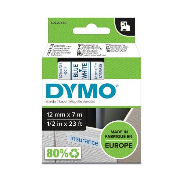 Dymo DYMO Genuine D1 Label Cassette Tape 12mm x 7M, Blue on White. S0720540