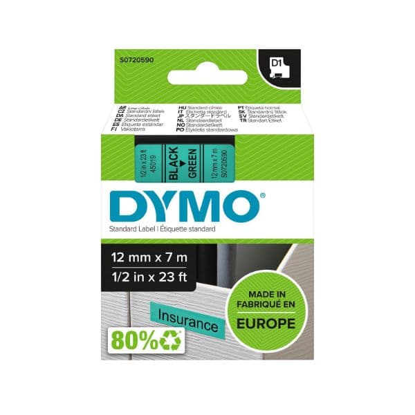 Dymo DYMO Genuine D1 Label Cassette Tape 12mm x 7M, Black on Green S0720590